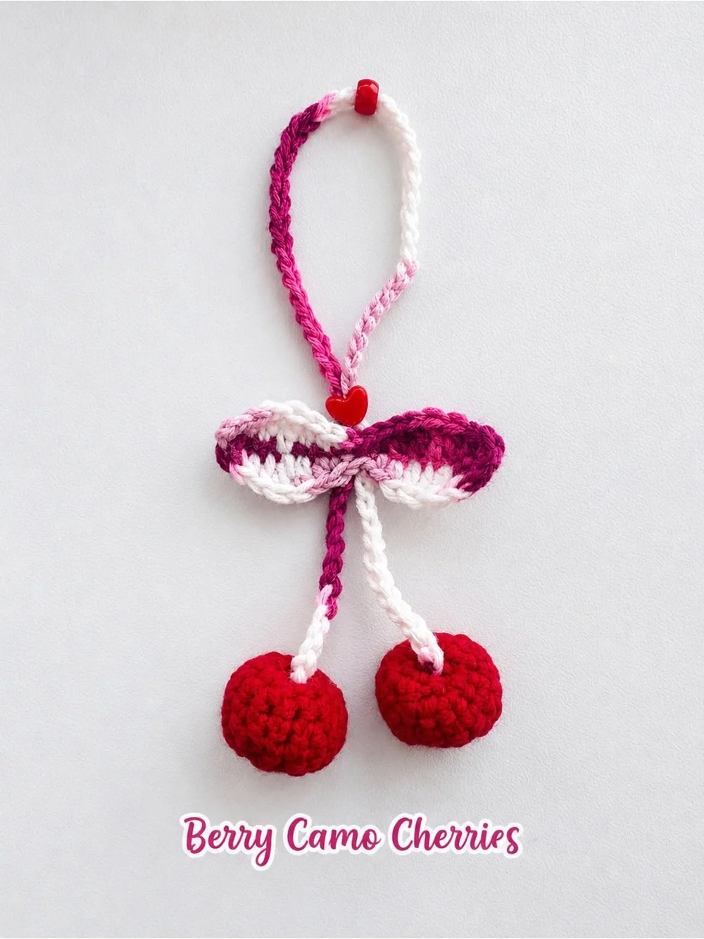 Berry Camo Crochet Cherry Bag Charm - Pink, Red & White